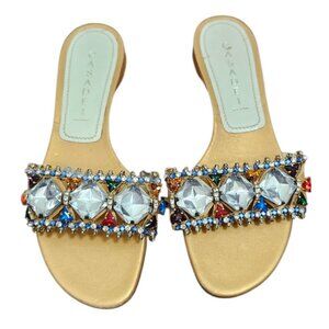 Casadei Italy Gold Leather Crystal Slide Sandals Size 7 Jewel Embellished